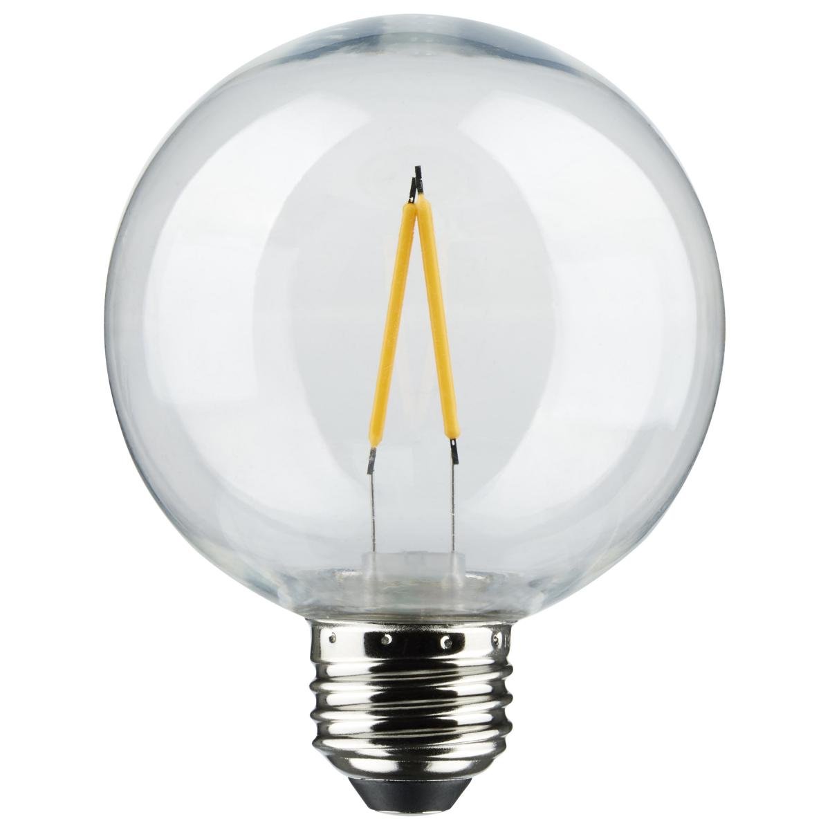 Satco 24ft LED decorative string light with 12 G25 bulbs, 2200K warm glow, suitable for ambient outdoor or indoor lighting.