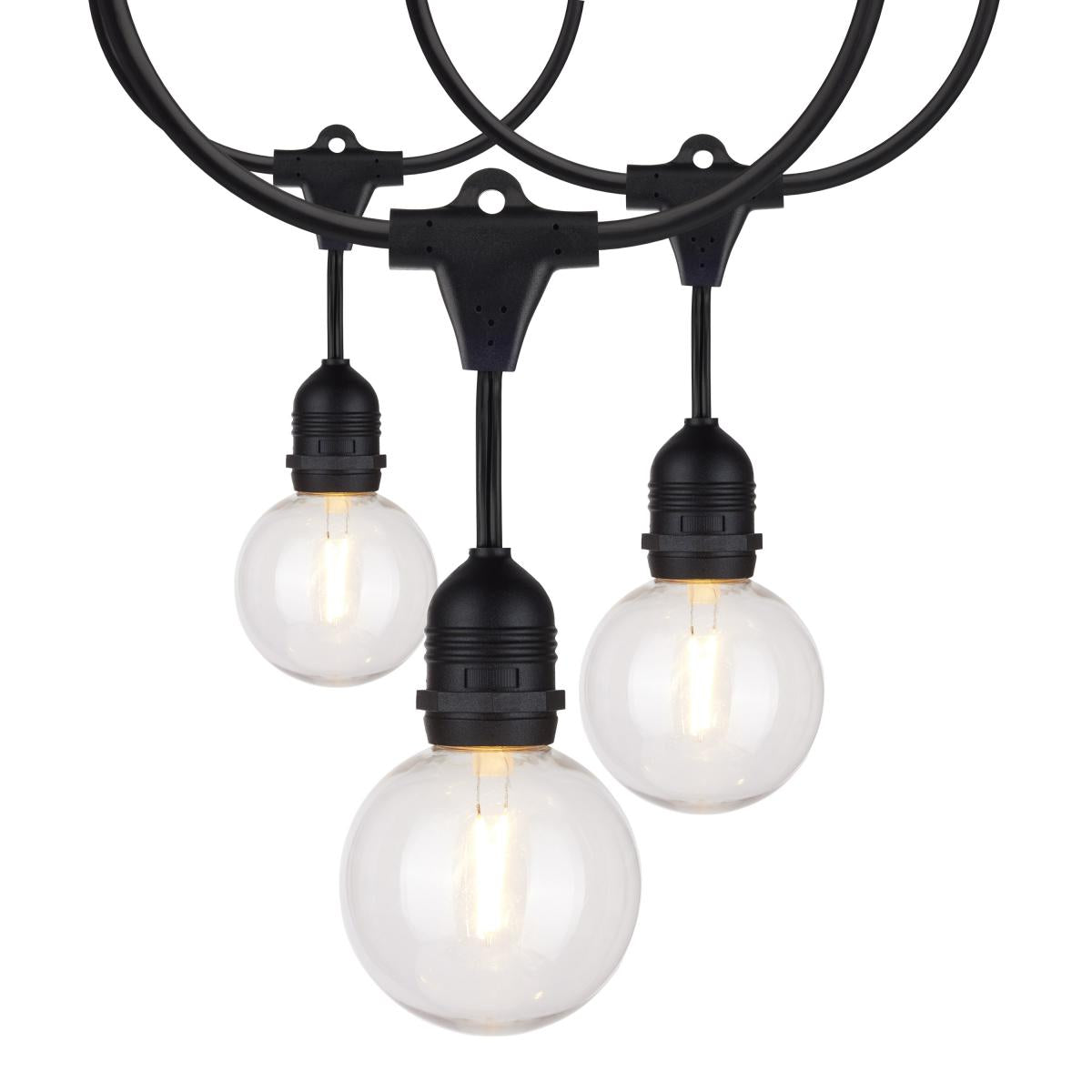Satco 24ft LED string light with 12 G25 bulbs, 2200K warm glow, decorative lighting for indoor or outdoor use.