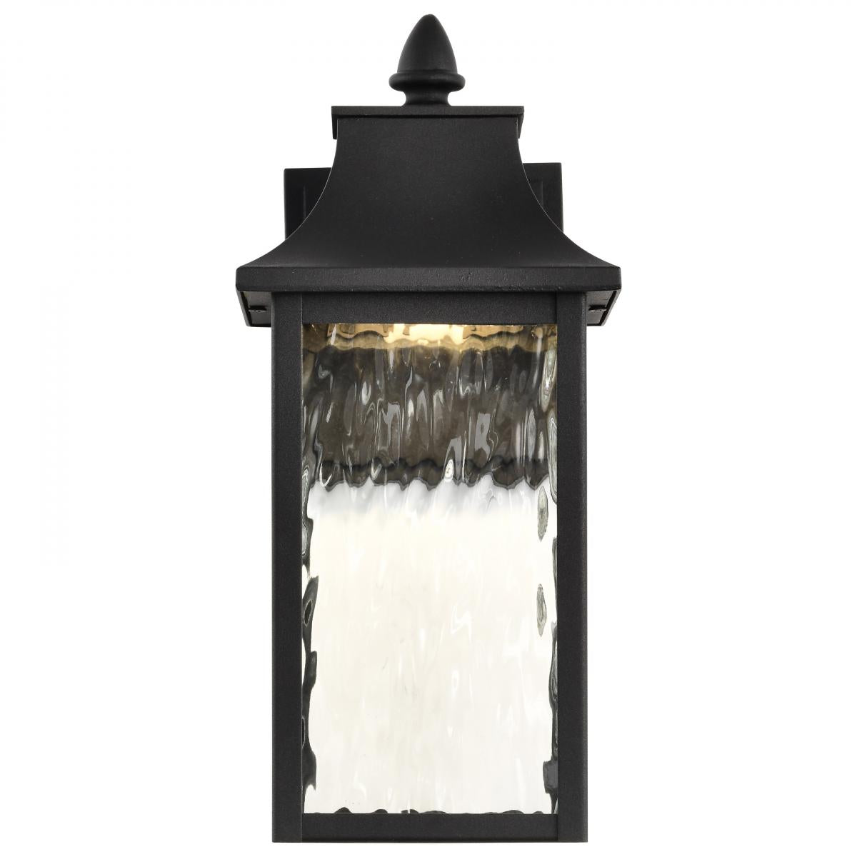 Satco Austen Collection 1-Light Outdoor Wall Fixture with LED, matte black finish, clear water glass, and RGBTW color-changing LEDs.
