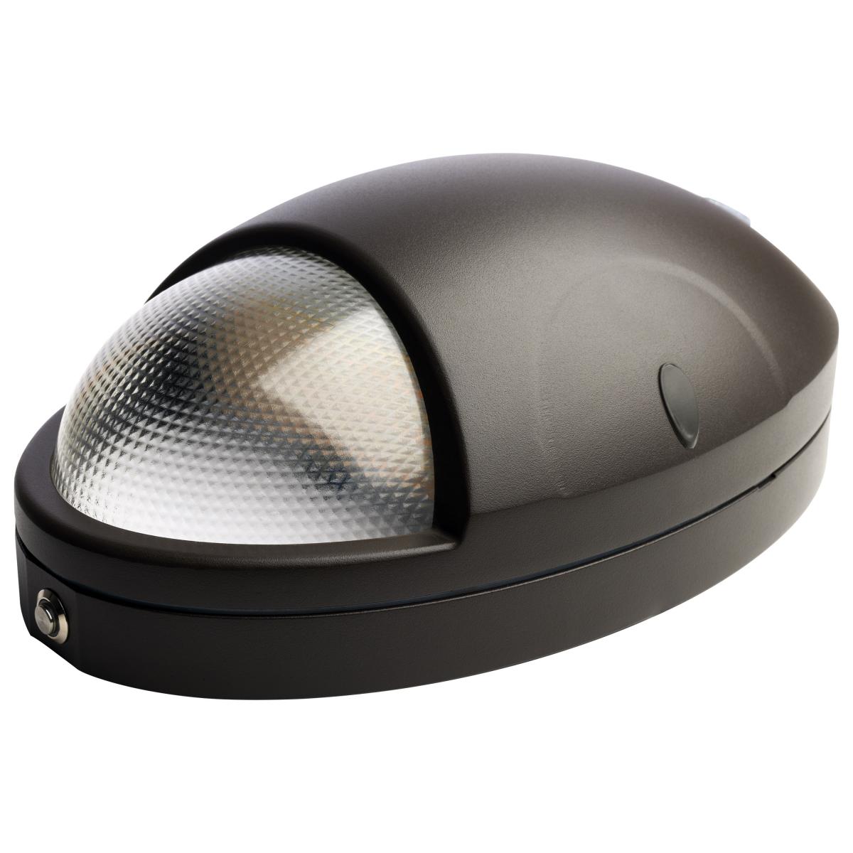 Satco Oval Small Emergency Wall Pack LED light with CCT selectable, photocell, bronze finish for emergency lighting.