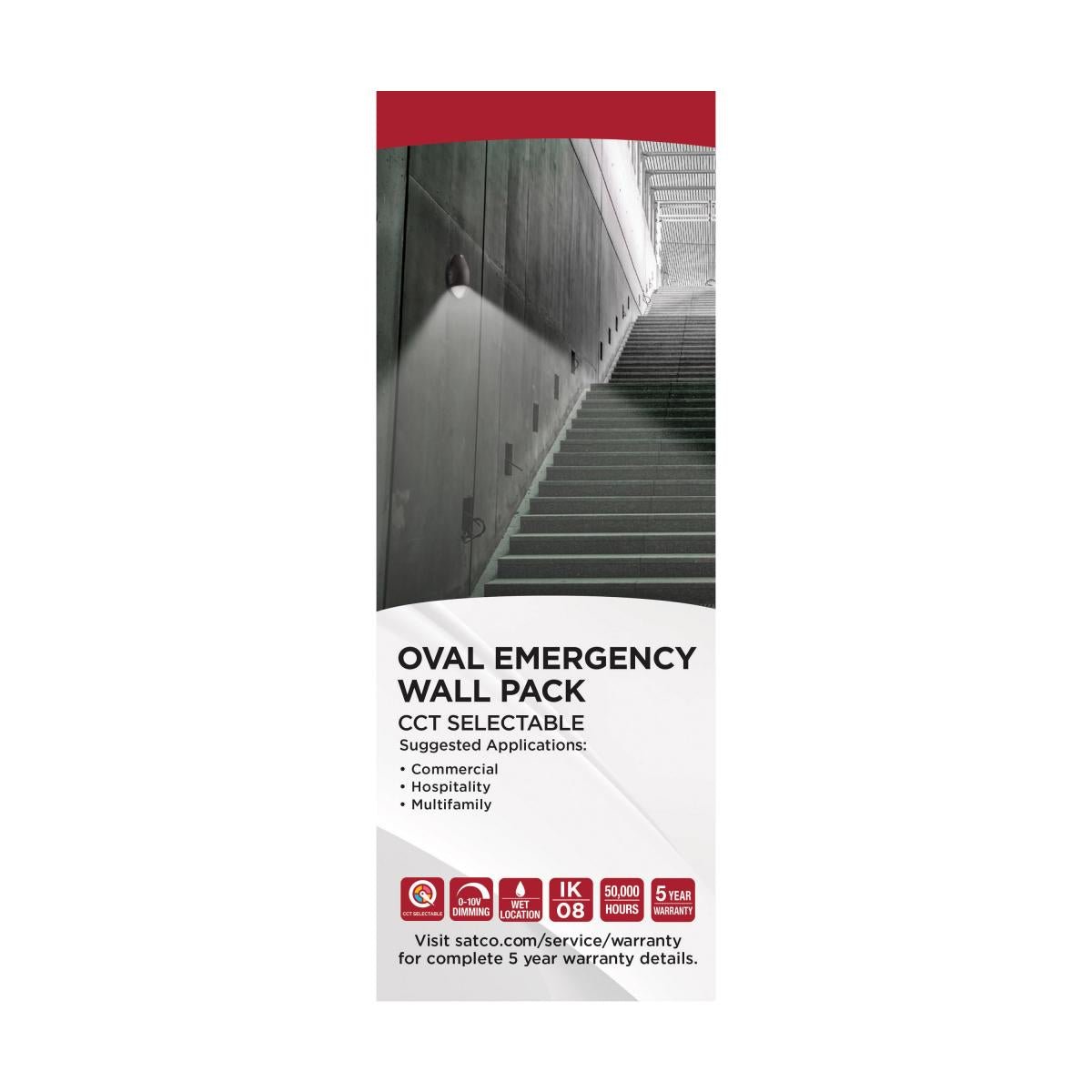 Satco oval small emergency wall pack with LED, CCT selectable, photocell, bronze finish for emergency lighting.