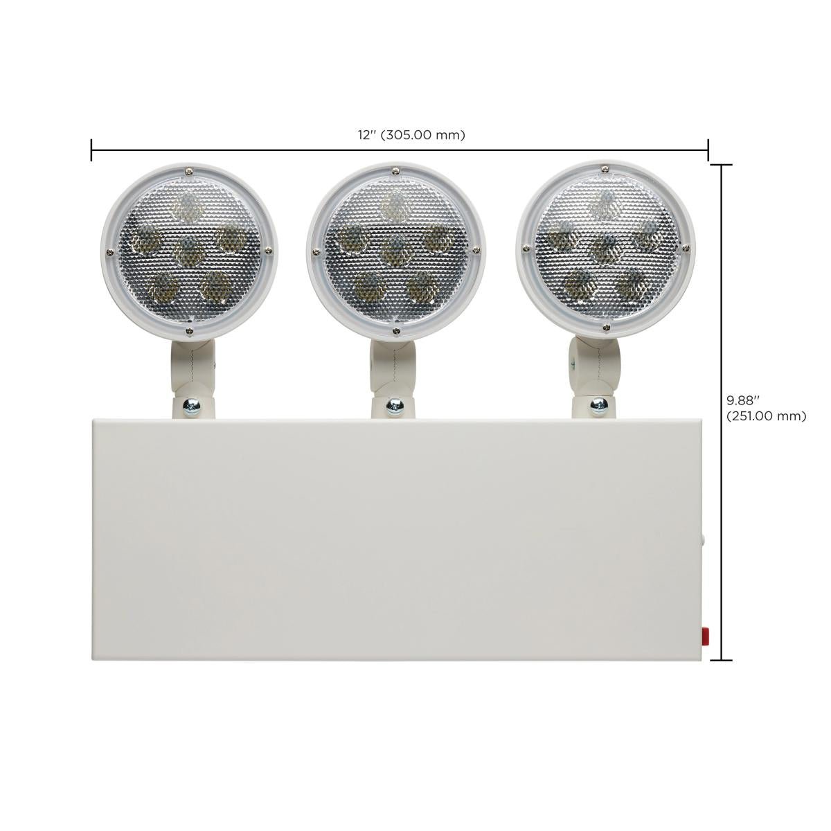 Satco Steel NYC Tri-Head Emergency Light with 90-minute Ni-Cad backup, 120/277V, universal mounting for safety and emergency use.