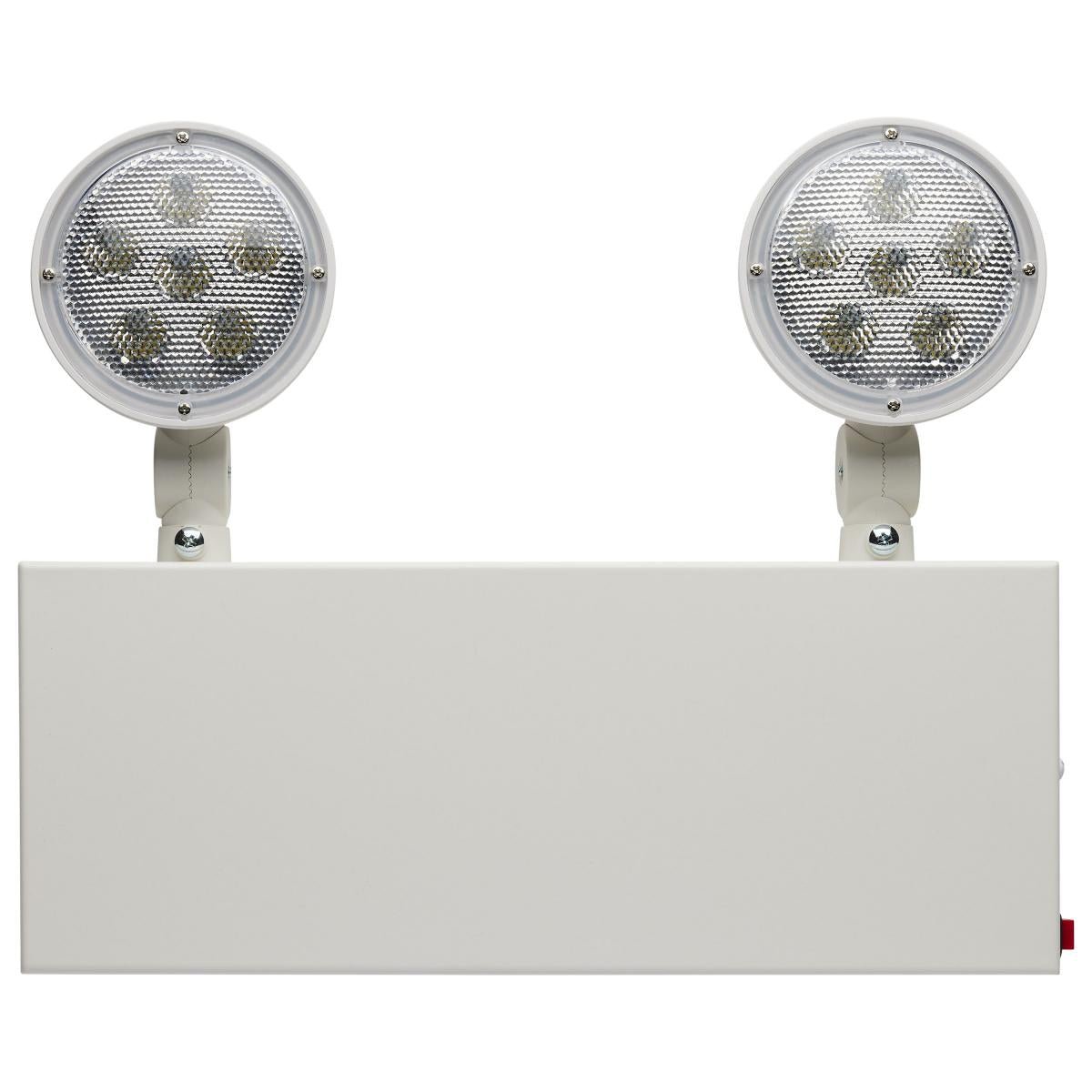 Satco emergency light with dual heads, steel construction, 90-minute Ni-Cad backup, 120-277V, universal mounting for safety lighting.