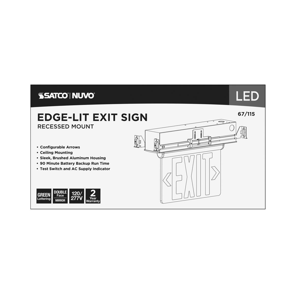 Recessed green mirror edge-lit LED exit sign by Satco with dual face, 2.94W, suitable for 120V/277V electrical systems.