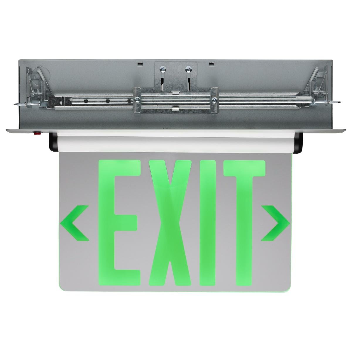 Recessed green mirror-edge LED exit sign by Satco with dual face and 2.94W power, suitable for 120V/277V electrical system.