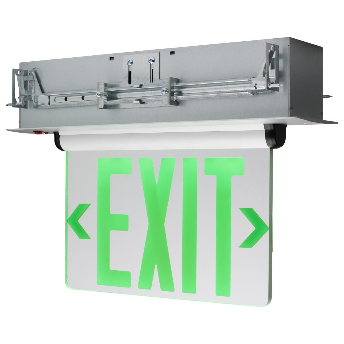 Satco recessed green mirror-edge LED exit sign with dual face lighting, 2.94W, suitable for 120V/277V electrical systems.