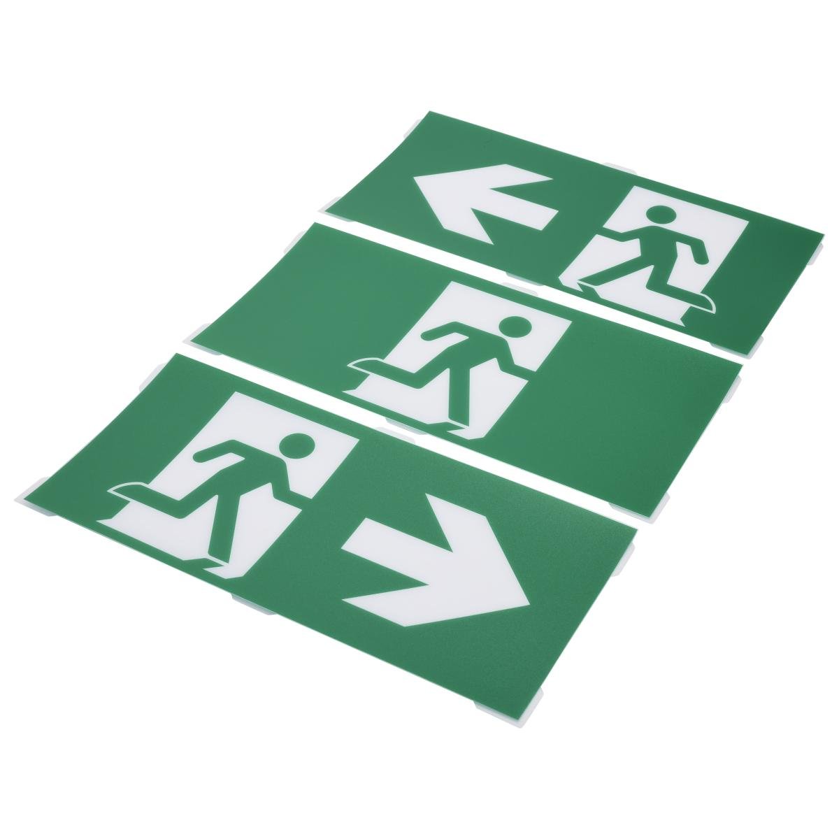 Recessed mounted Satco green combo edge-lit exit sign with running man symbol, single or dual face emergency lighting