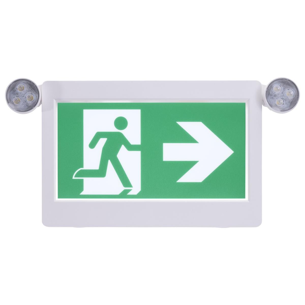 Satco Running Man Green Combo Exit Sign with 2-hour backup, single or dual face, universal mounting, and emergency lighting.