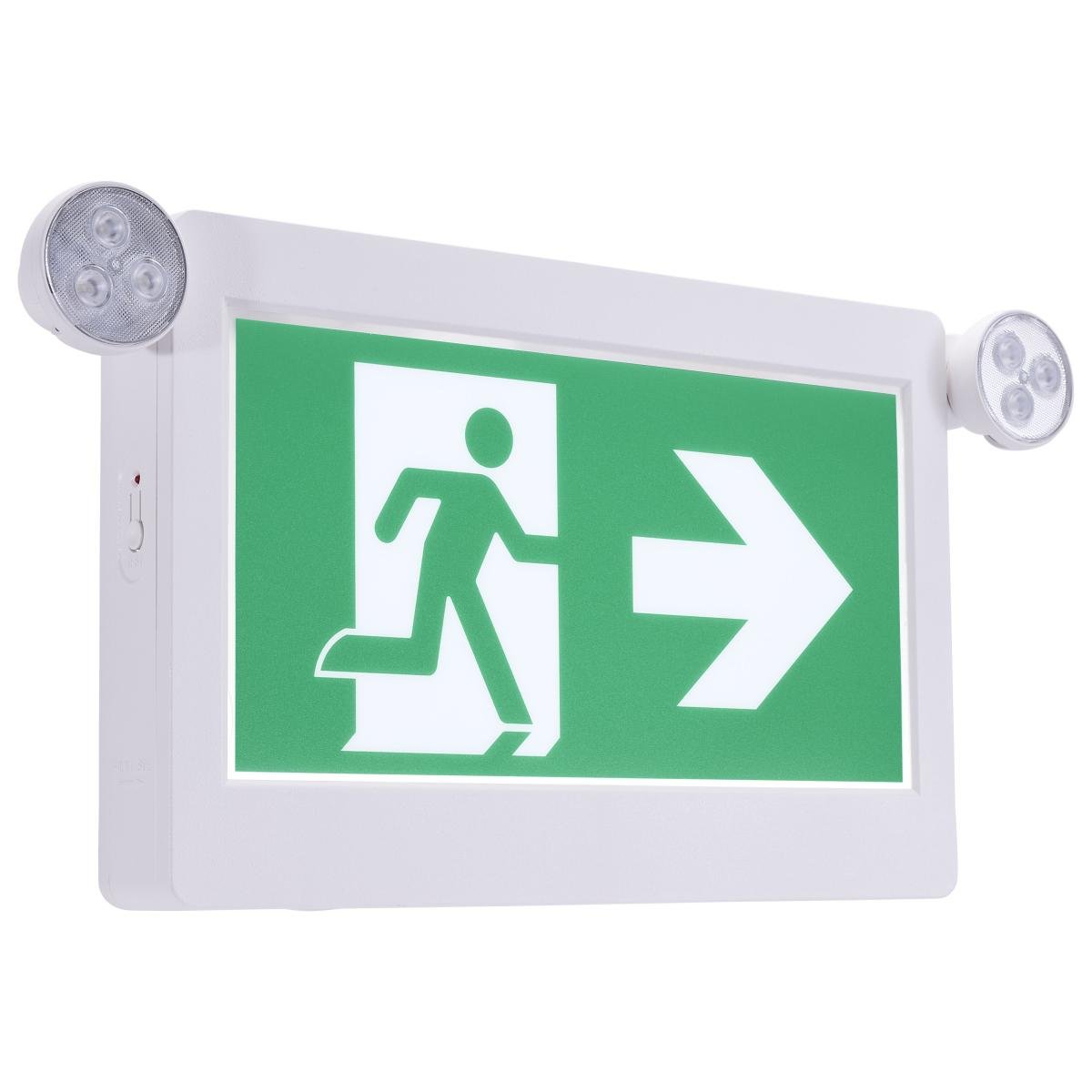 Satco green running man combo exit sign with emergency light, 2-hour backup, single or dual face, universal mounting.