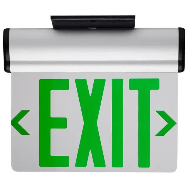 Satco single-face green clear EdgeLit LED exit sign with 90-minute Ni-Cad backup, top, back, and end mounting options.