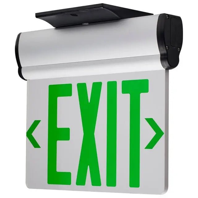Satco Single Face Green Clear EdgeLit LED Exit Sign with 90-minute Ni-Cad backup, top, back, and end mount options.