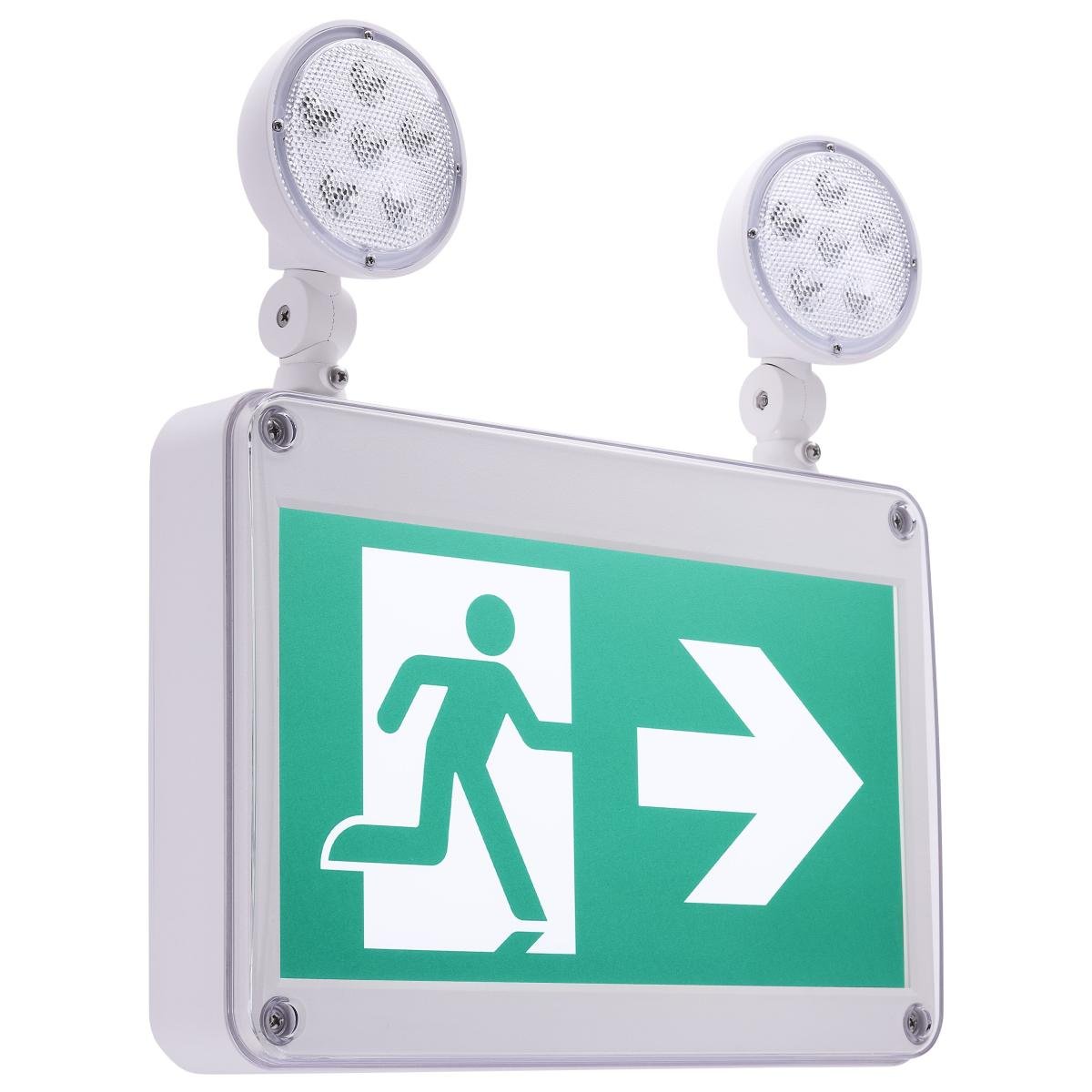 Satco wet location green running man combo exit sign and emergency light with single or dual face, suitable for outdoor or damp areas.