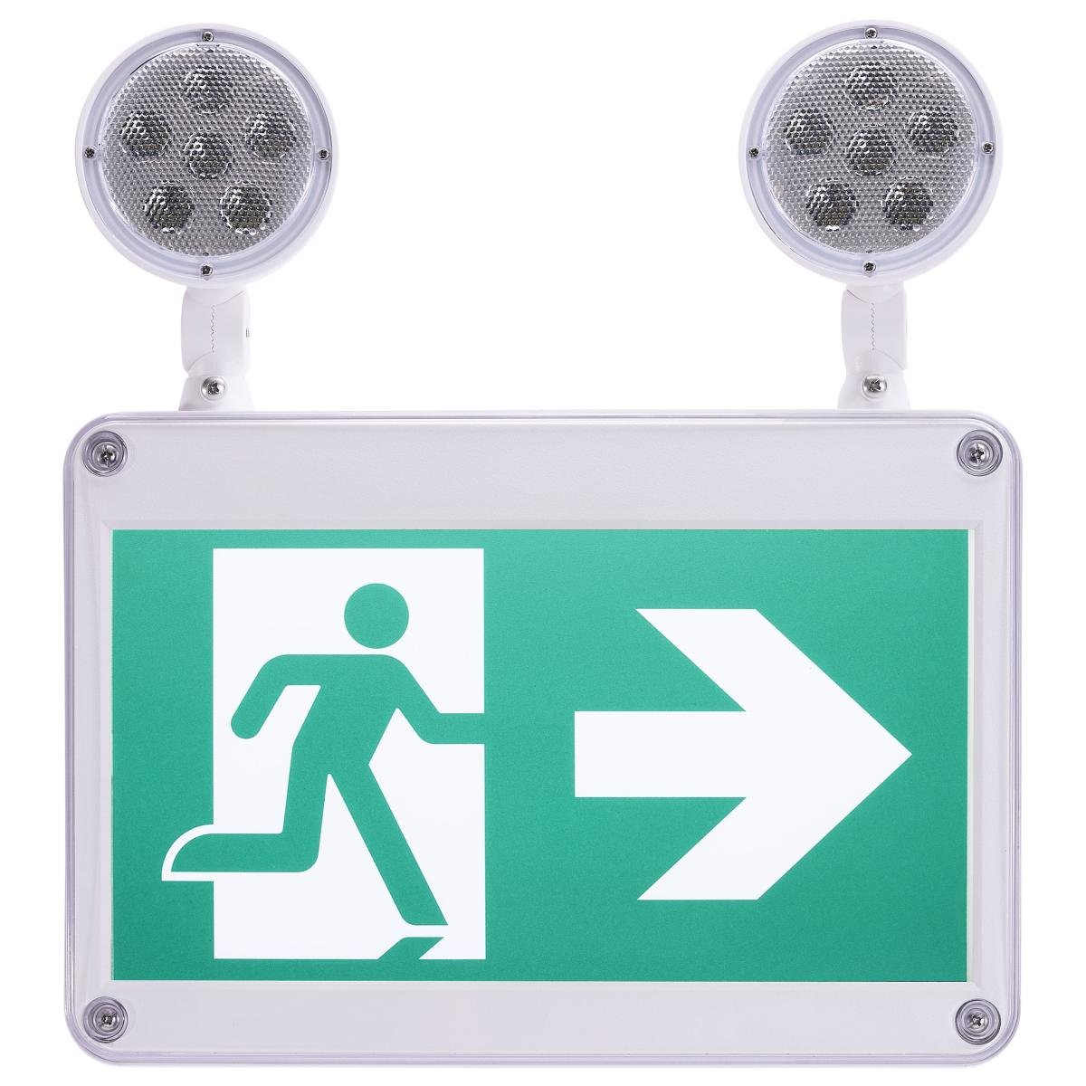 Satco wet location green running man combo exit sign with emergency light, available in single or dual face, for safety and visibility