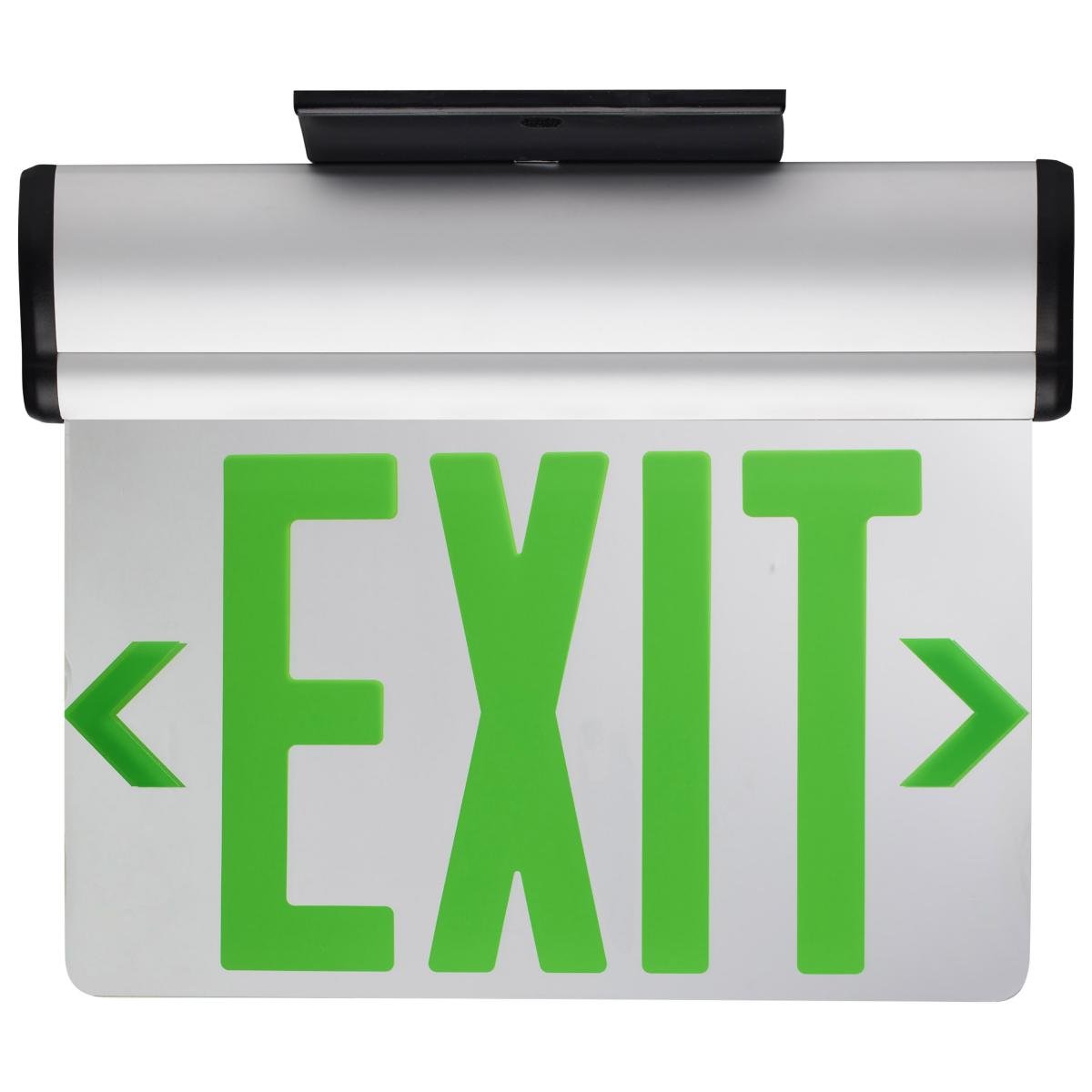 Green Edge Lit LED Exit Sign by Satco with dual face, 90-minute Ni-Cad backup, mount options, and 120/277V electrical compatibility.