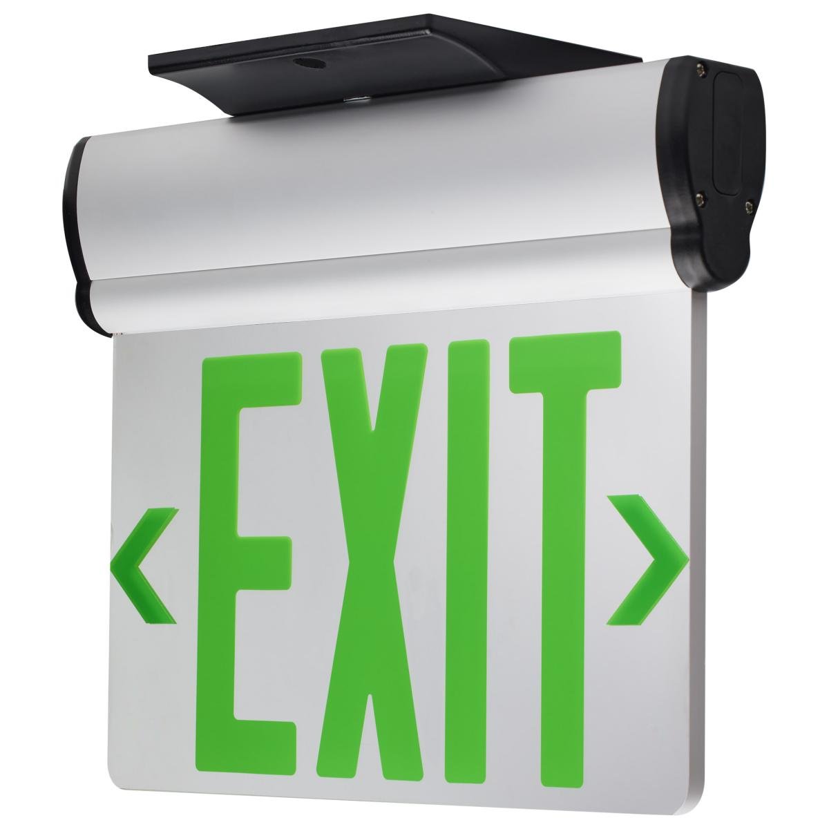 Green edge-lit LED exit sign by Satco, dual-face with backup, 120/277V, top/back/end mount, suitable for emergency exit signage.