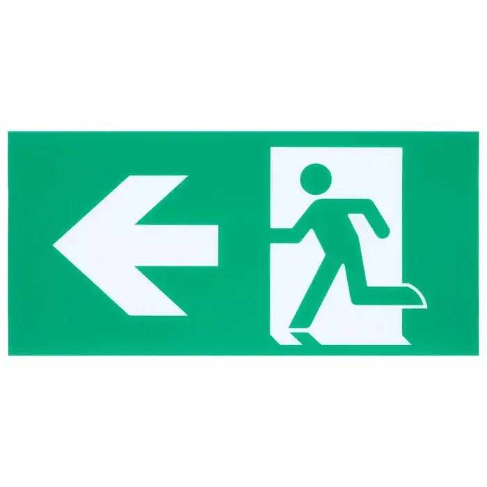Satco Running Man Green Exit Sign with 2-hour backup, single or dual face, universal mounting for emergency exit visibility