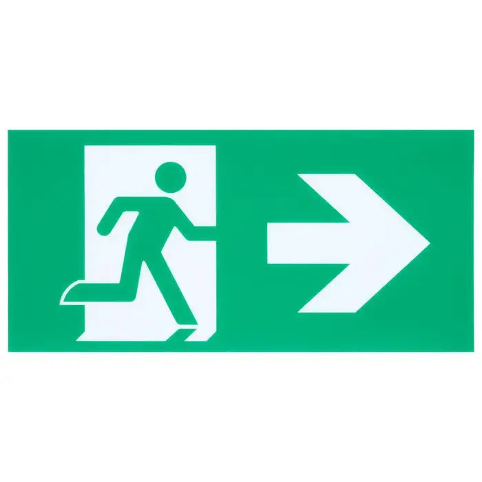 Satco running man green exit sign with 2-hour backup, single or dual face, universal mounting for emergency egress.