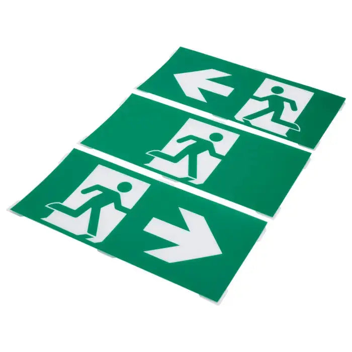 Satco Running Man Green Exit Sign with 2-hour backup, single or dual face, universal mounting for emergency exit visibility.