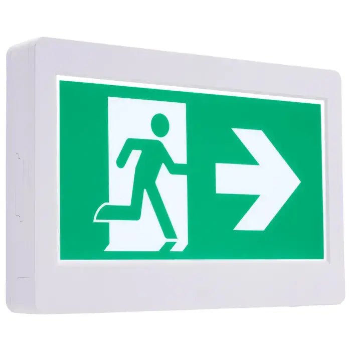 Satco Running Man Green Exit Sign with 2-hour backup, single or dual face, universal mounting for emergency exit visibility.