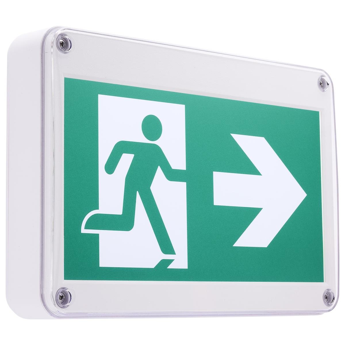 Satco wet location green running man exit sign, single or dual face with universal mounting for outdoor or damp environments