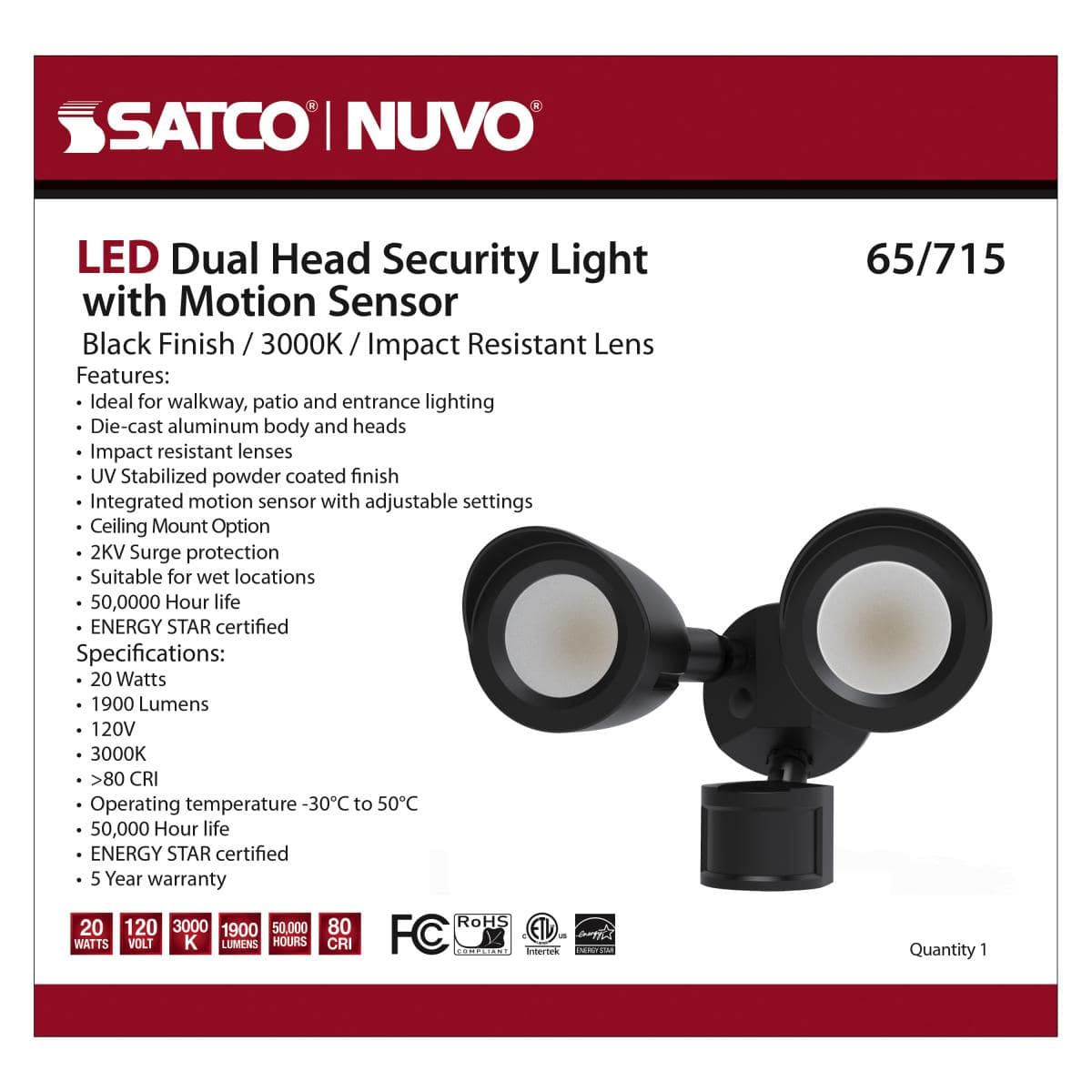 Black LED Security Light; Dual Head; Motion Sensor Included - Green Lighting Wholesale, INC