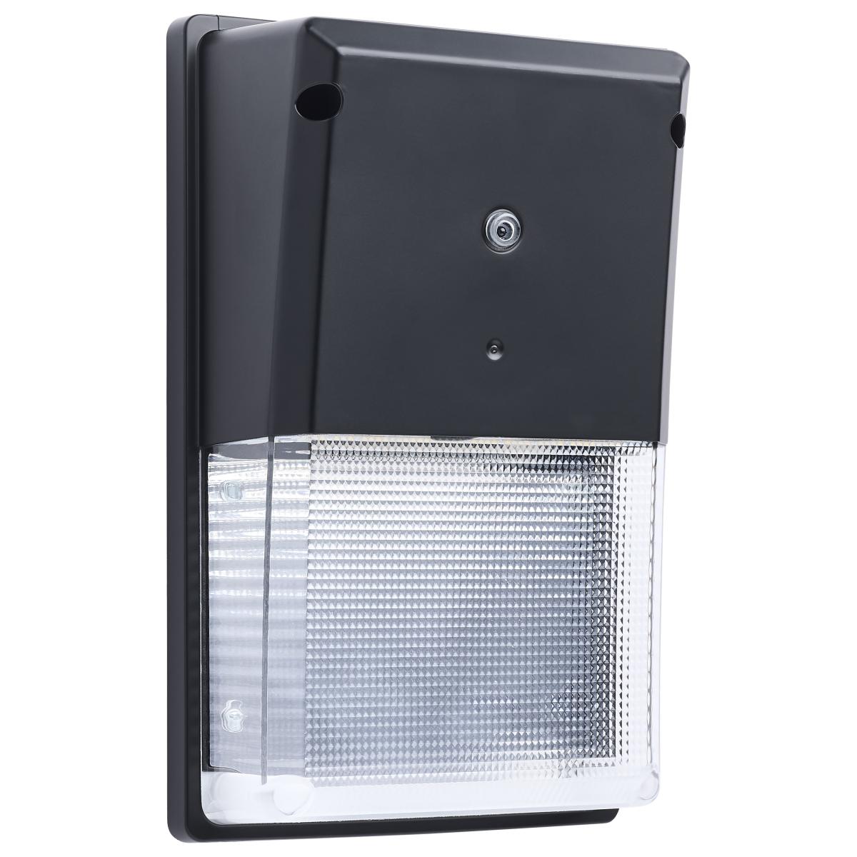 Satco LED turtle-friendly black small wall pack exterior light with amber color and photoeye, 20 watt outdoor fixture.