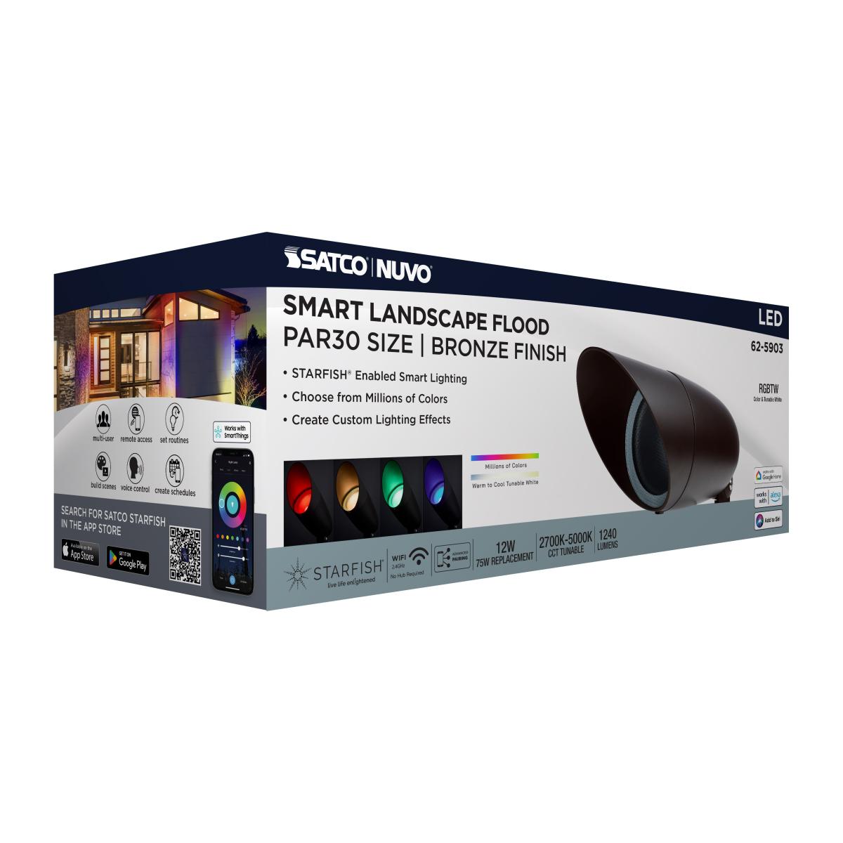 Satco 12W RGB and tunable white LED landscape floodlight in bronze for outdoor exterior lighting fixtures.