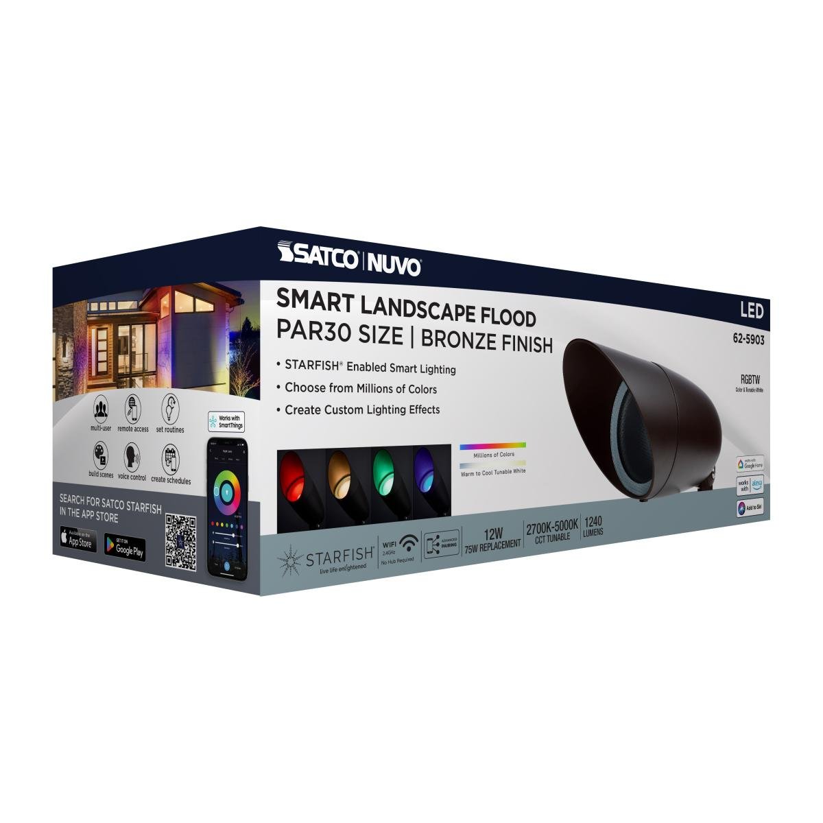 Satco 12W RGB and tunable white LED landscape floodlight in bronze for outdoor exterior lighting fixtures.