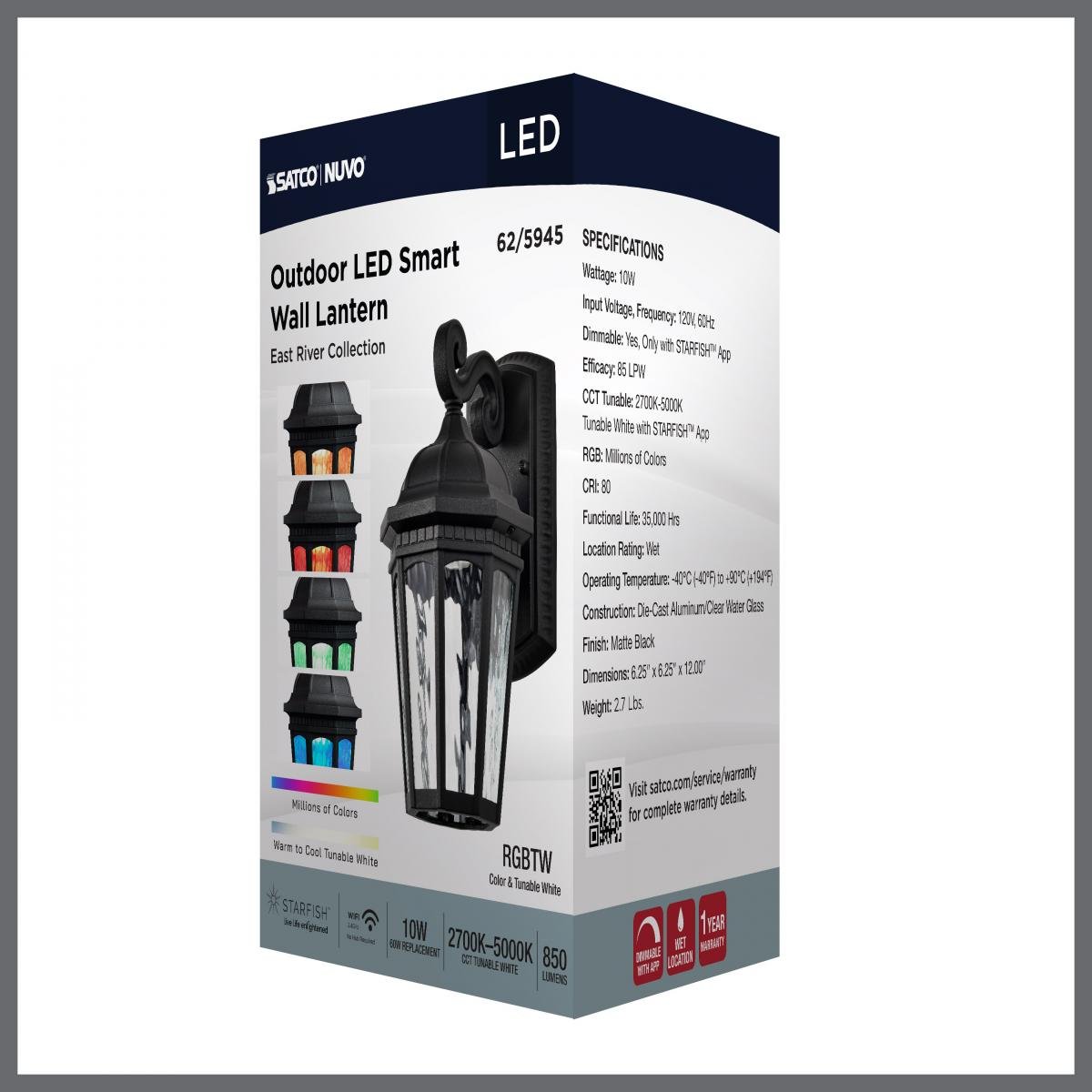 SATCO RGB East River Collection 1-Light LED outdoor small wall fixture for exterior lighting, modern style and durable design.