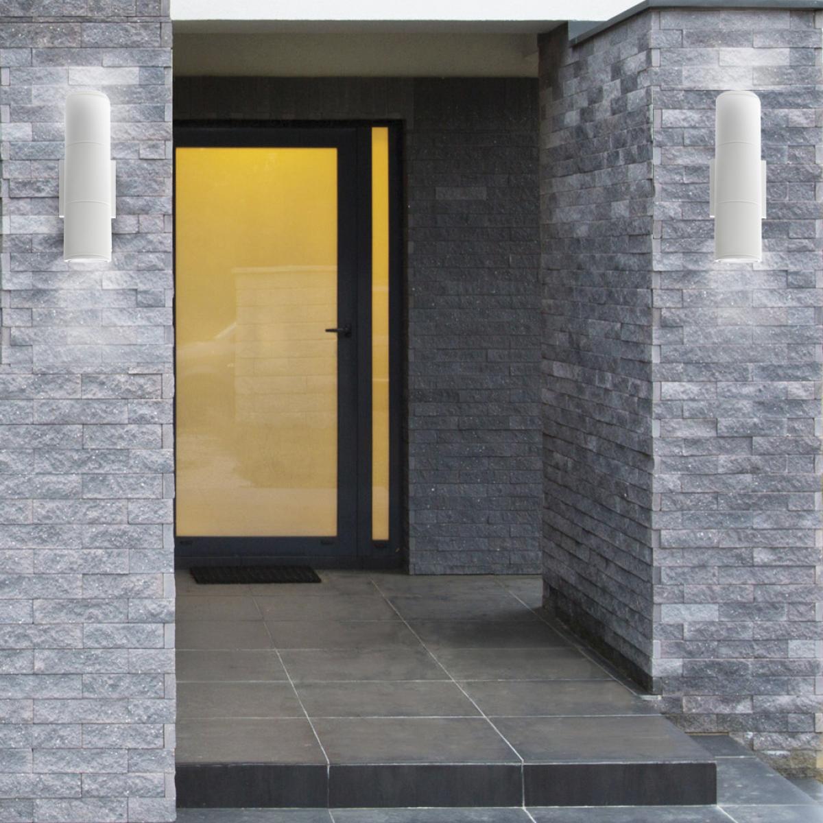 White 2-light LED up and down exterior wall sconce by Satco, 20W, 3000K, large modern outdoor lighting fixture.
