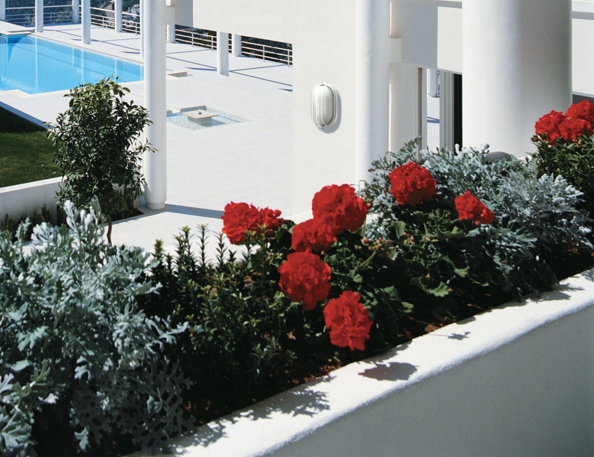 White LED 10-inch oval cage bulkhead exterior lighting fixture by Satco, designed for outdoor wall installation.