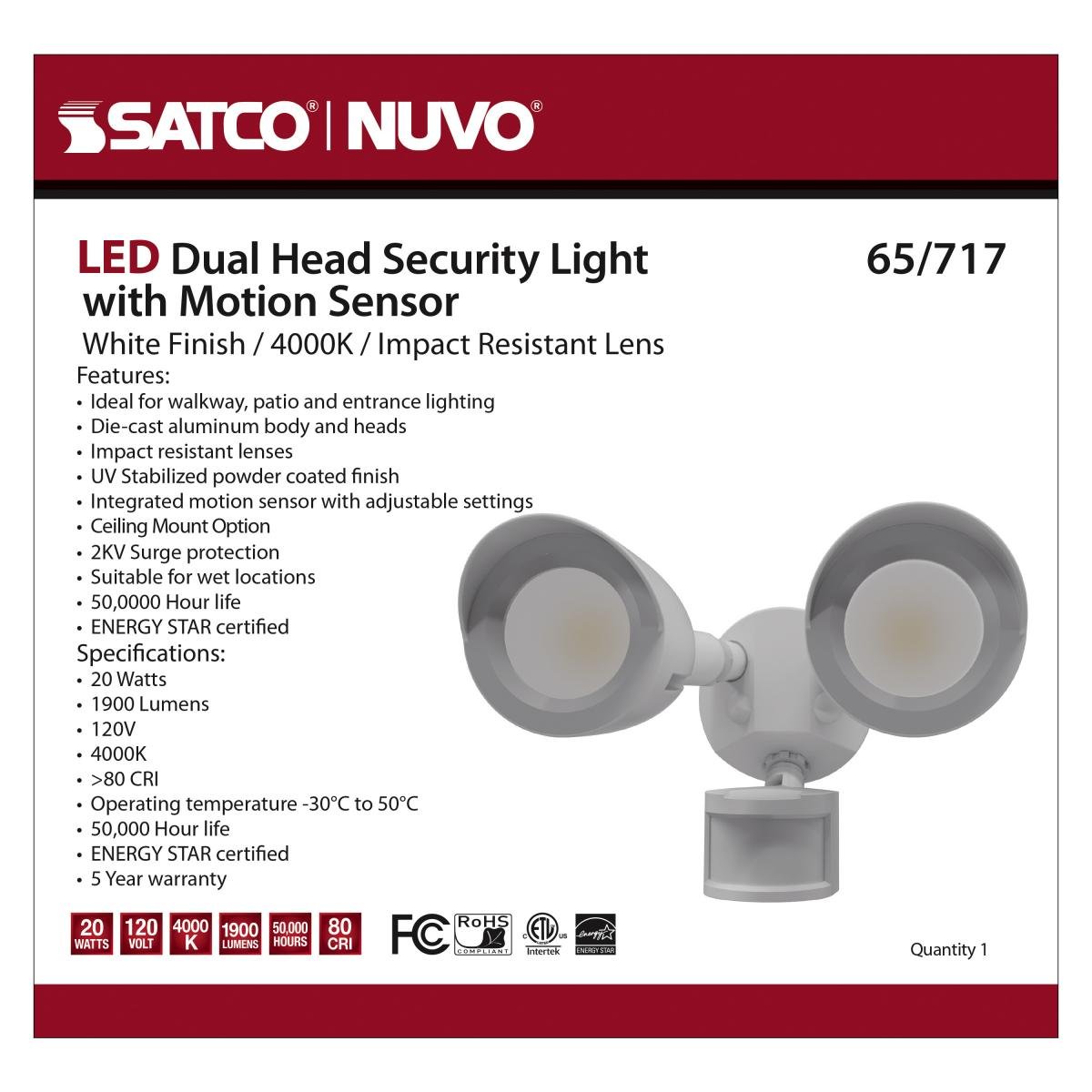 White LED security light with dual heads and motion sensor, Satco exterior lighting fixture for enhanced outdoor security.