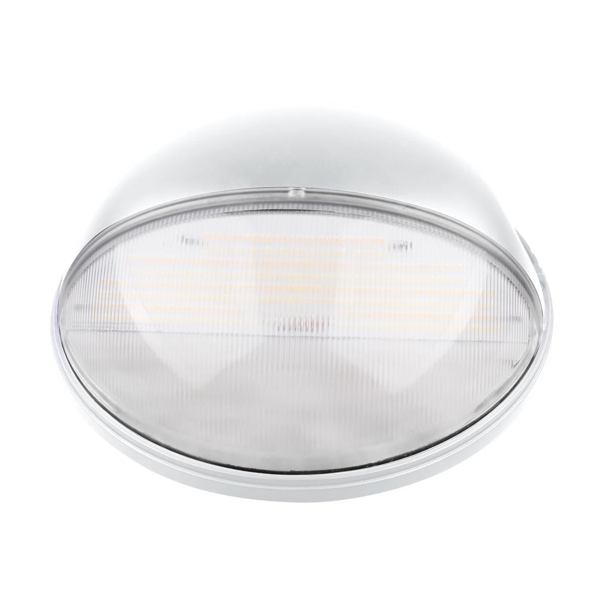 White LED small round wall pack by Satco, 20W exterior light fixture with adjustable CCT and bypassable photocell.