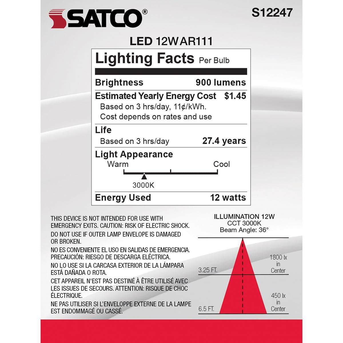 Satco LED 12W AR111 bulb with G53 base, 900 lumens, 3000K warm light, 12V, 36-degree beam angle.