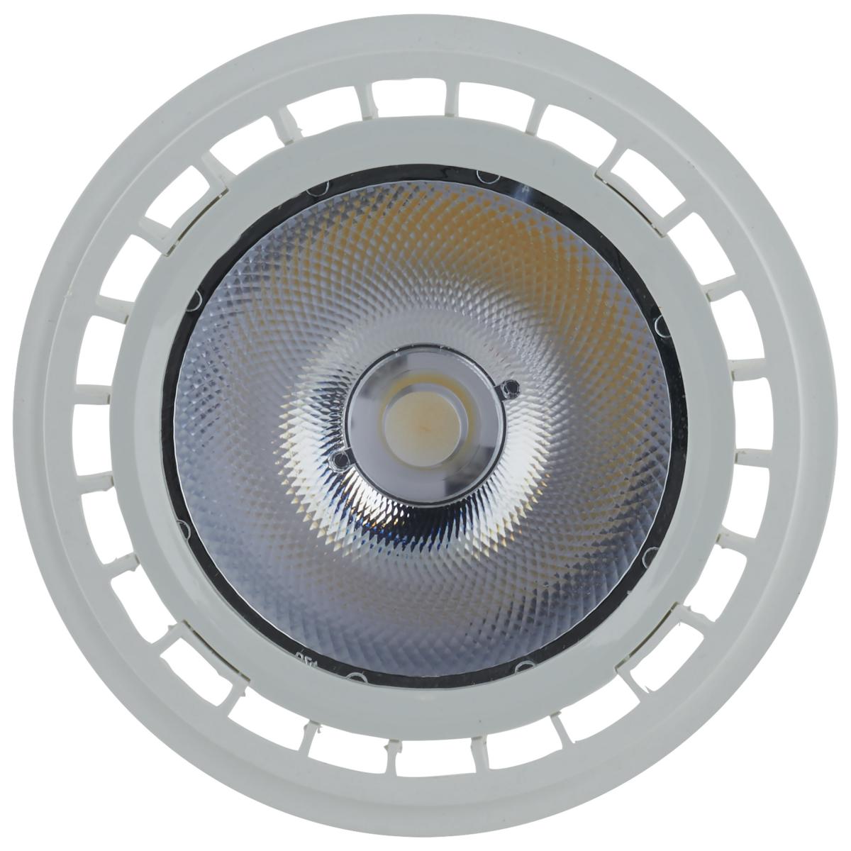 Satco LED 12W AR111 bulb with G53 base, 900 lumens, 3000K warm white, 12V, 36-degree beam angle.
