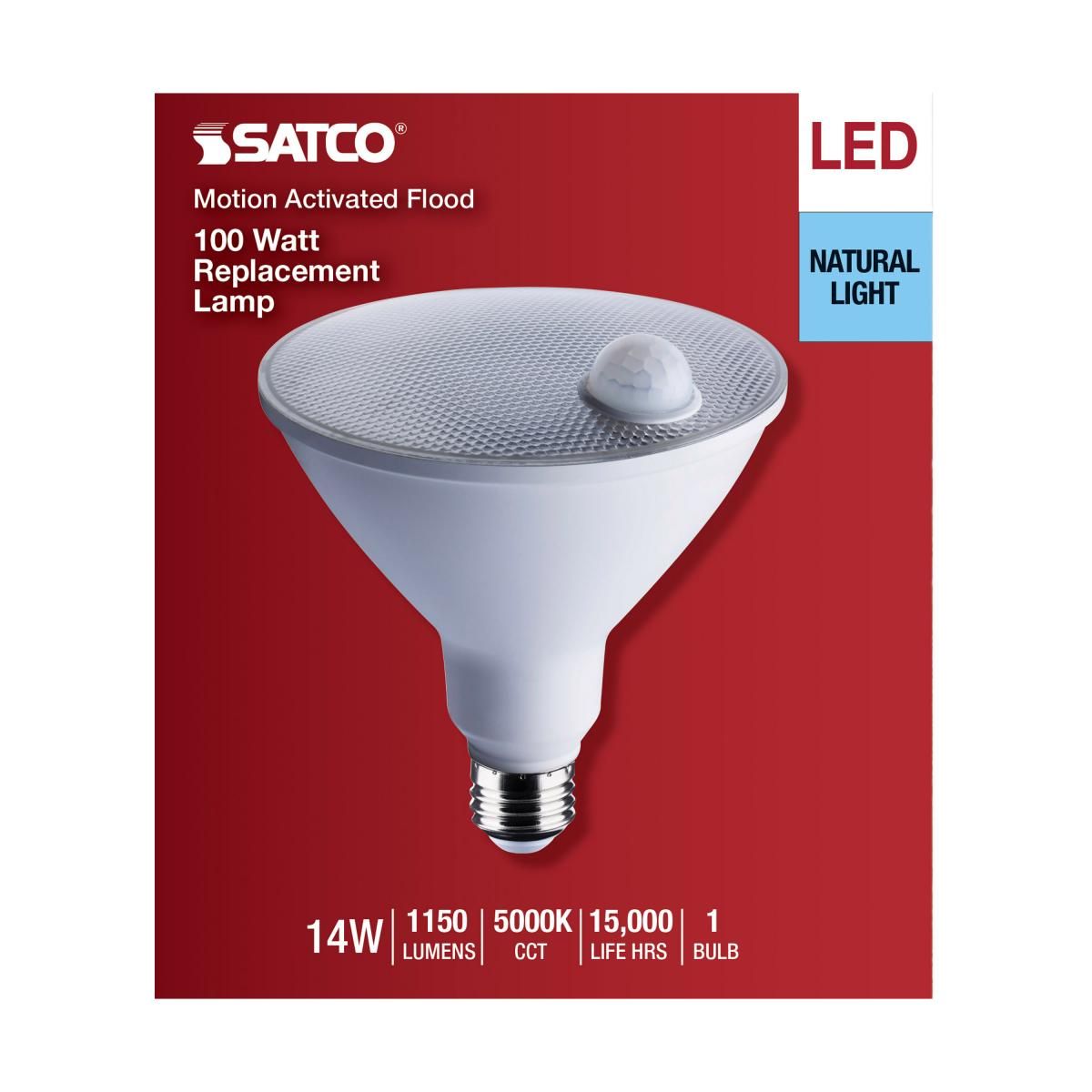 Satco LED 14W PAR38 lamp with PIR sensor, white finish, 5000K, 1100 lumens, for energy-efficient outdoor lighting.