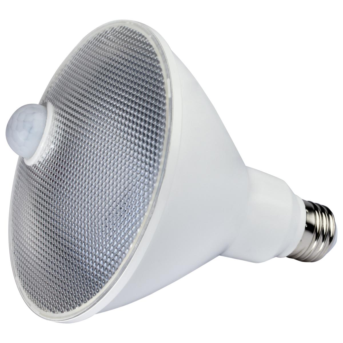 Satco LED 14W PAR38 lamp with PIR sensor, white finish, 5000K color, 1100 lumens, used for indoor and outdoor lighting.