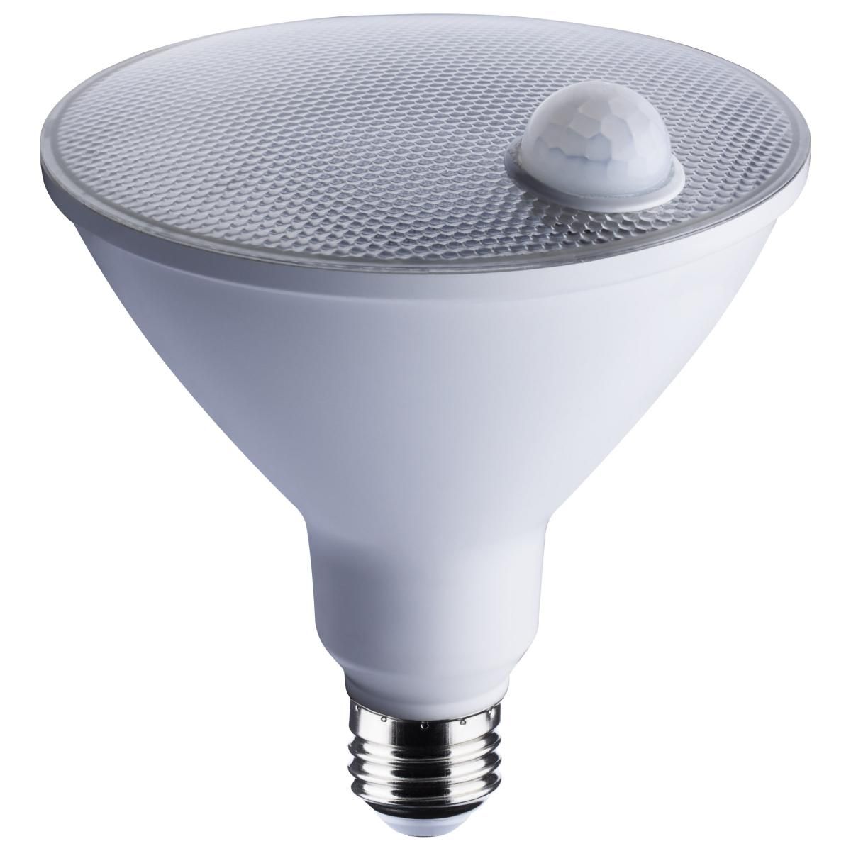 Satco 14W LED PAR38 bulb with PIR sensor, white 5000K, 1100 lumens, suitable for outdoor or security lighting.