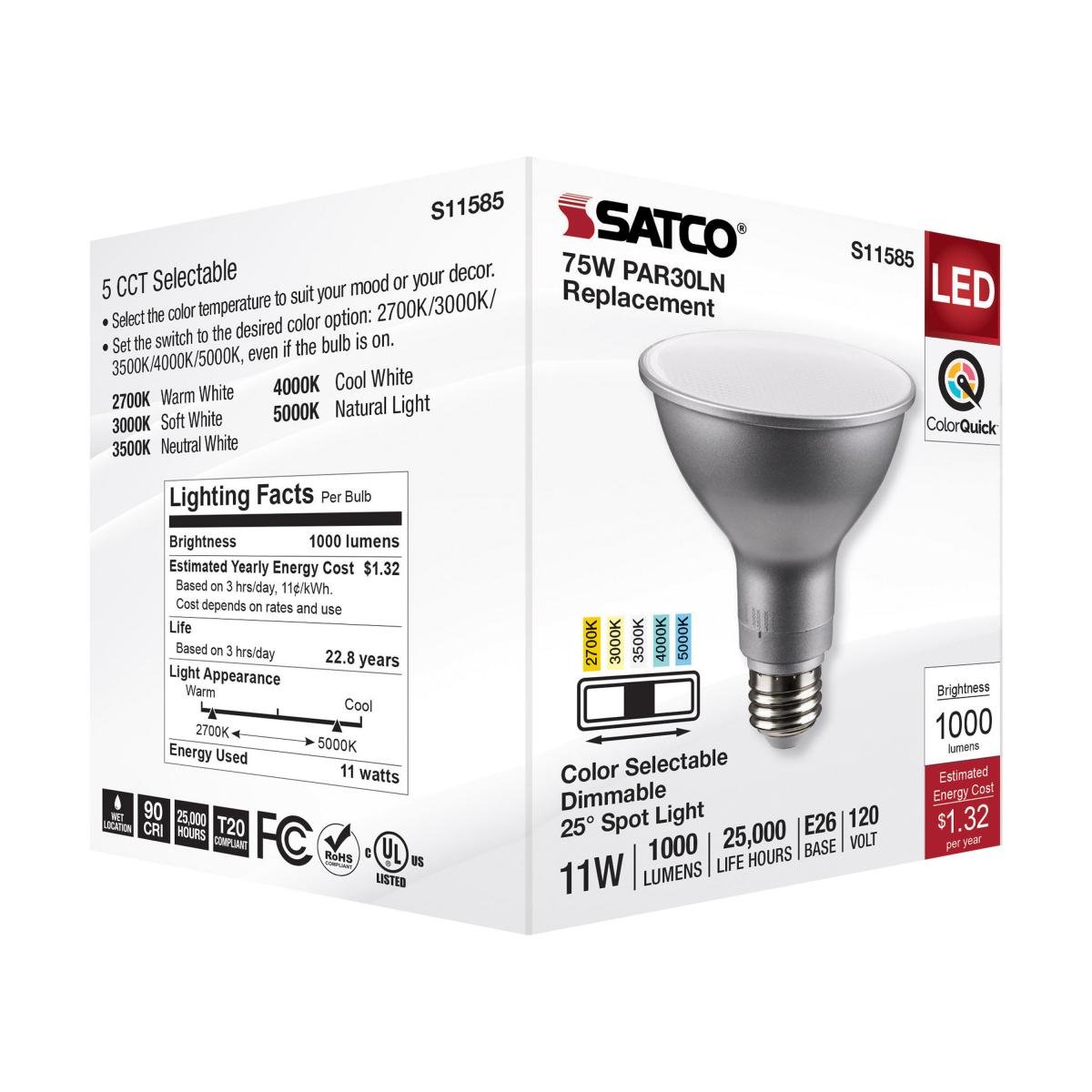 Satco 11W PAR30LN LED bulb with silver finish and CCT selectable, showcasing its sleek design and adjustable color temperature.