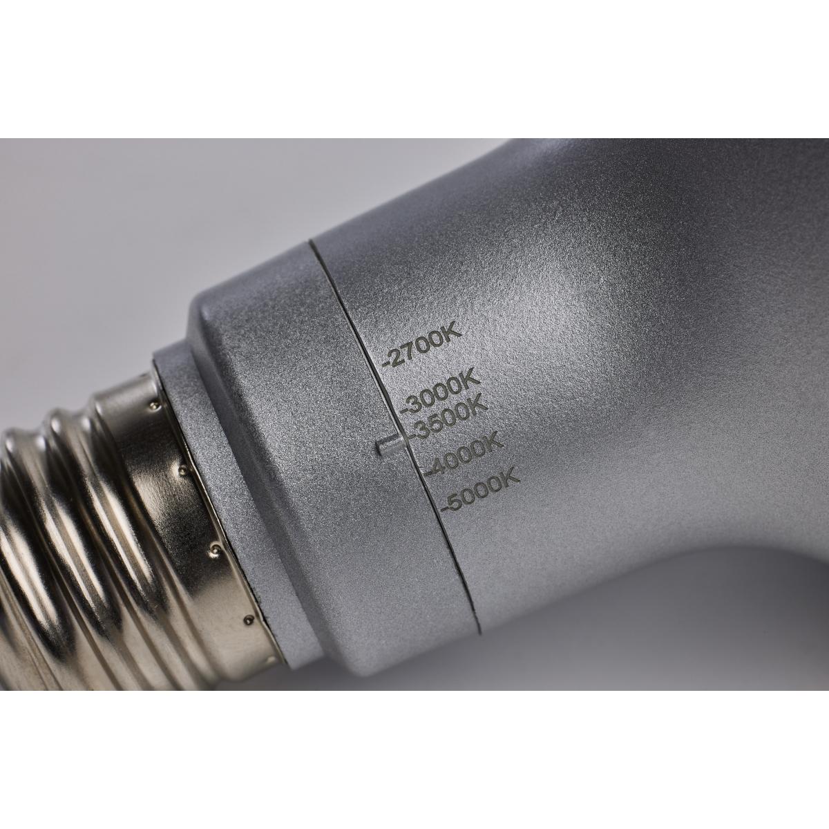 Satco 11W PAR30LN LED bulb in silver finish with CCT selectable feature, ideal for versatile lighting applications.