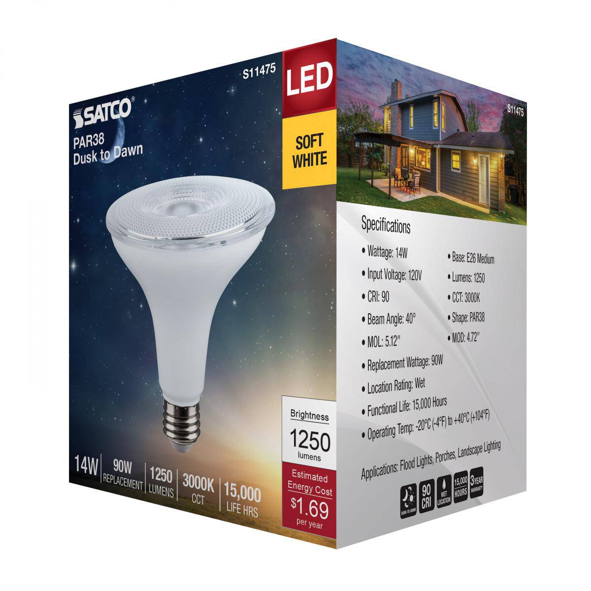 14 Watt Dusk to Dawn LED PAR38; 3000K; Medium Base; White Finish - Green Lighting Wholesale, INC