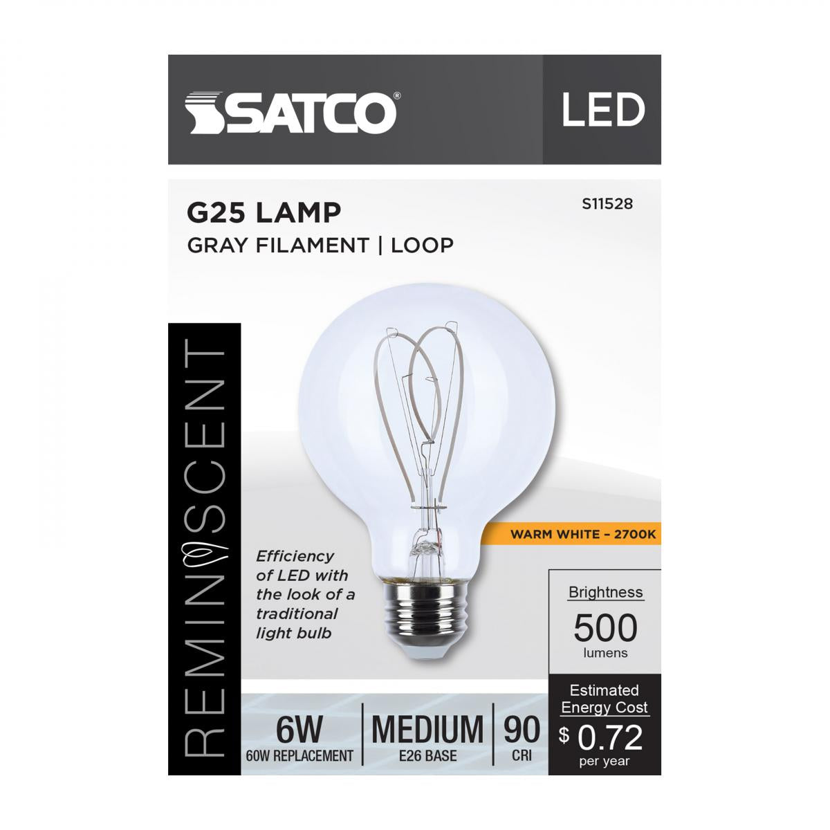 6 Watt LED G25 Loop ; Reminiscent; Flex Gray Filament; 2700K CCT; Clear - Green Lighting Wholesale, INC