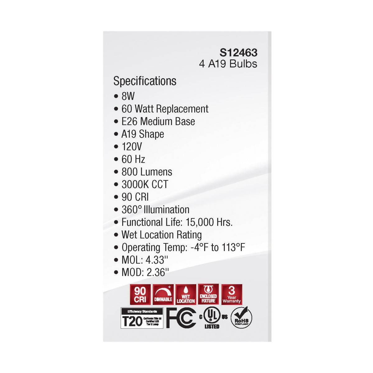 8 Watt A19 LED; Clear; 3000K; Medium Base; 120 Volt; 4-Pack - Green Lighting Wholesale, INC