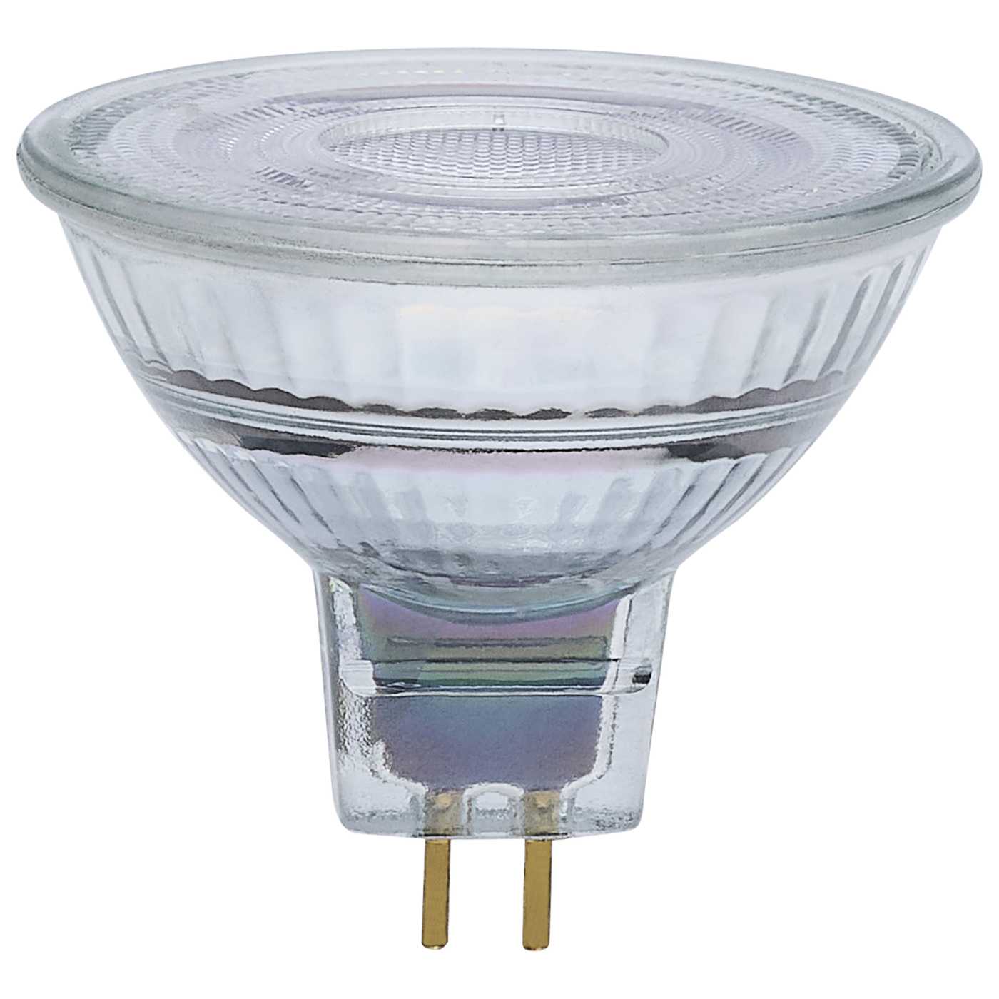 Satco LED 5.5W MR16 floodlight bulb with 2700K warm white color, GU5.3 base, 12V, 90 CRI for bright accent lighting.