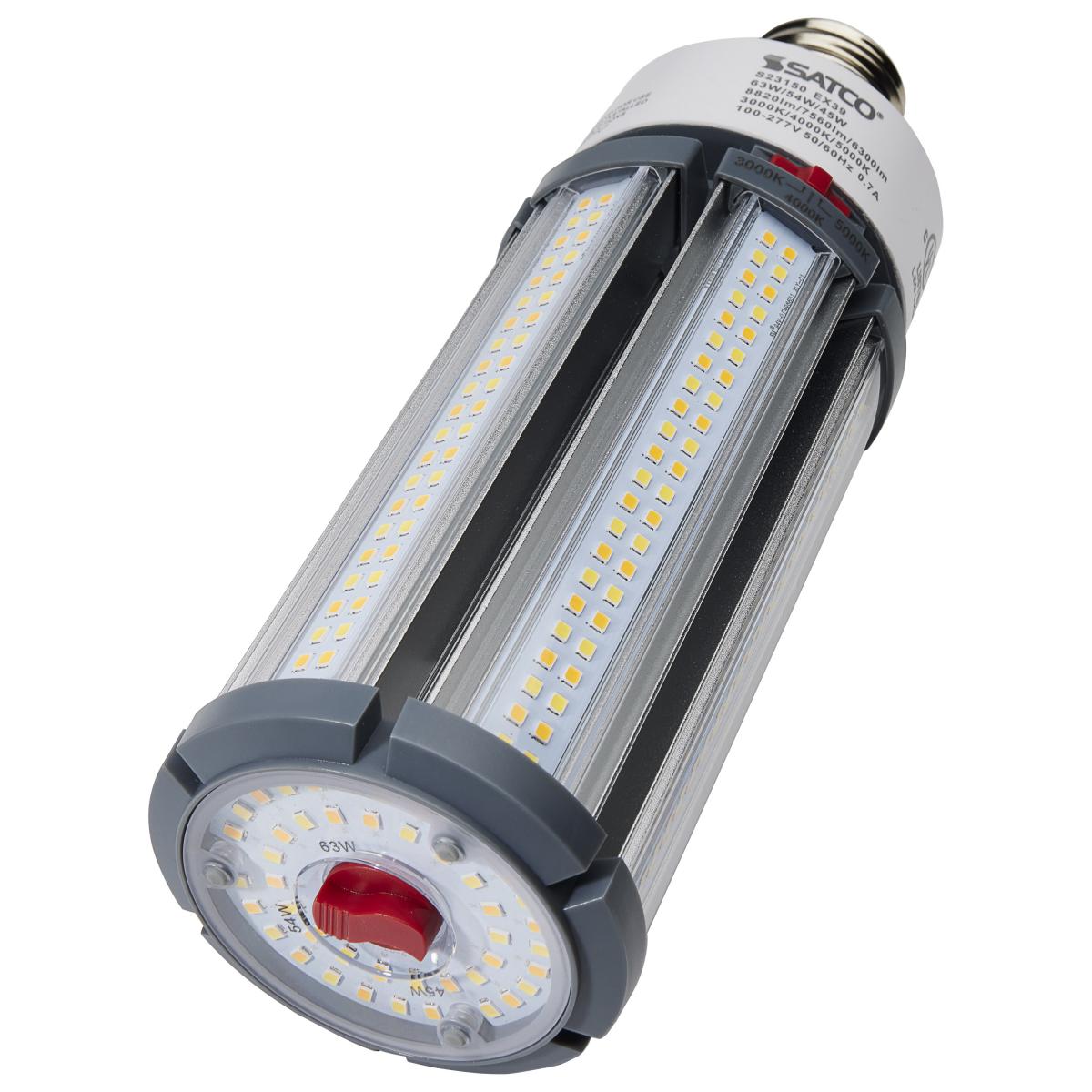 Satco LED Bulb with 63/54/45W selectable wattage and CCT options, Type B HID replacement, energy-efficient lighting.