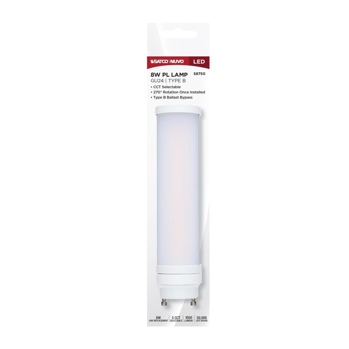 Satco Universal LED 8W PL lamp with GU24 base, CCT selectable, Type B, energy-efficient LED bulb showing the lamp and base