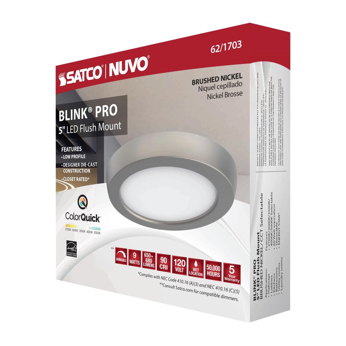 Brushed nickel Satco 9W LED ceiling fixture with 5-inch round shape and CCT selectable lighting options