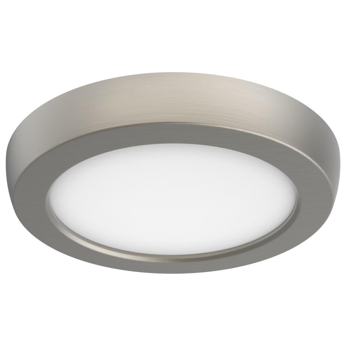 Satco brushed nickel LED ceiling fixture, 9W, 5-inch round shape with CCT selectable lighting for modern home illumination.
