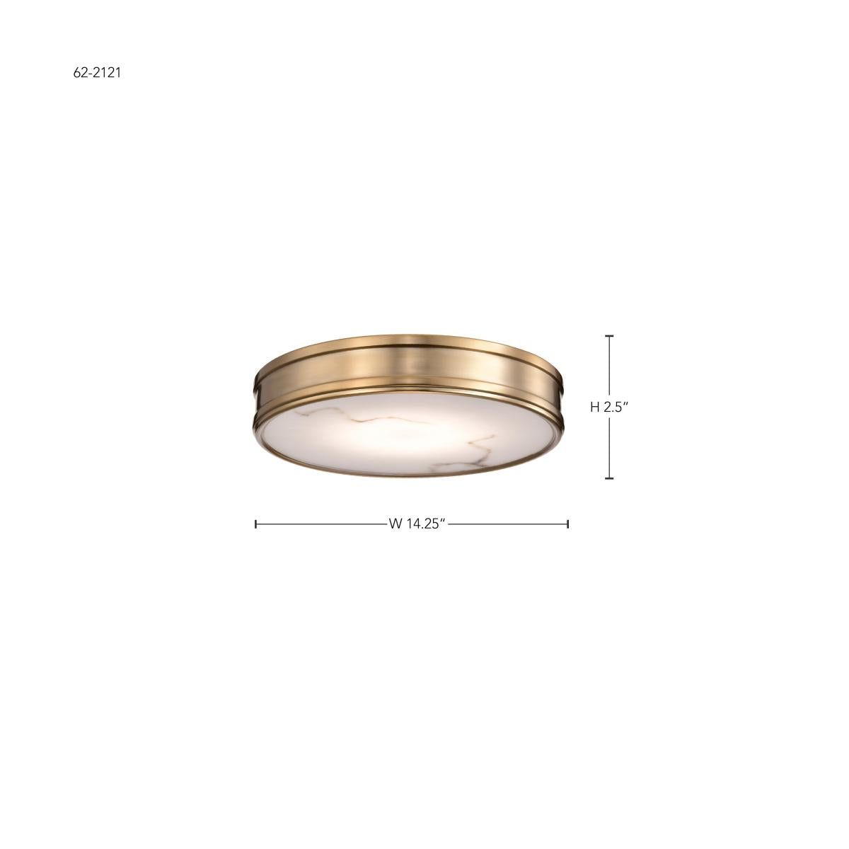 Kendall 14-inch LED flush mount ceiling fixture in burnished brass with alabaster glass by Satco.