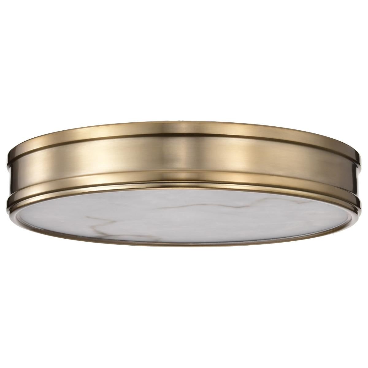 Kendall 14-inch LED flush mount ceiling fixture by Satco in burnished brass with alabaster glass shade.